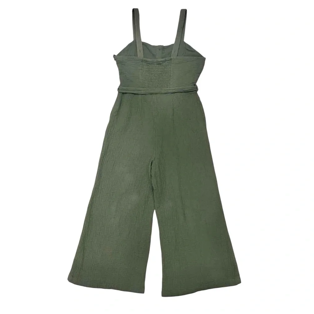 Rachel Zoe Olive Green Gauzy Crepe Cotton Wide Leg Crop Jumpsuit Pockets